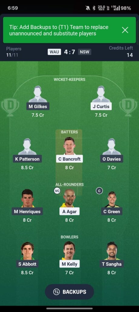 WAU vs NSW Dream11 Prediction