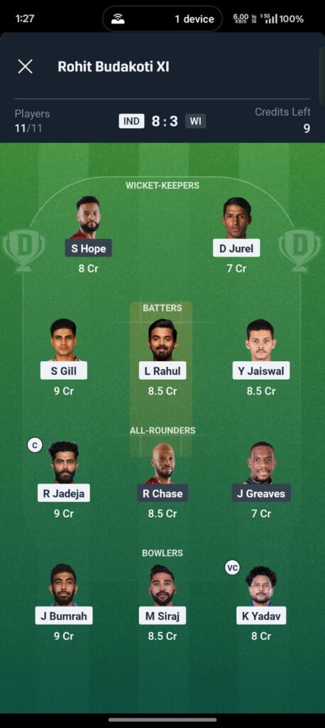 dream11 team ind vs wi