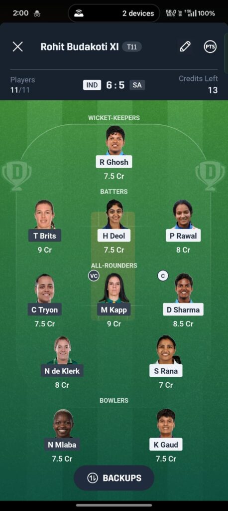 👉 IND W vs SA W Dream11 Prediction Team 2 – Fantasy Cricket Team with Marizanne Kapp Vice Captain and Deepti Sharma Captain