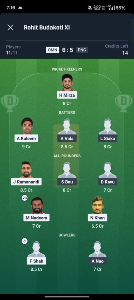 Dream11 team combination for OMN vs PNG match showing captain F Shah and vice-captain M Nadeem. Players include H Mirza as wicketkeeper, A Kaleem, A Vala, L Siaka as batters, all-rounders J Ramanandi, S Bau, D Ravu, and bowlers F Shah, A Nao, N Khan with a 6:5 Oman-to-PNG ratio.