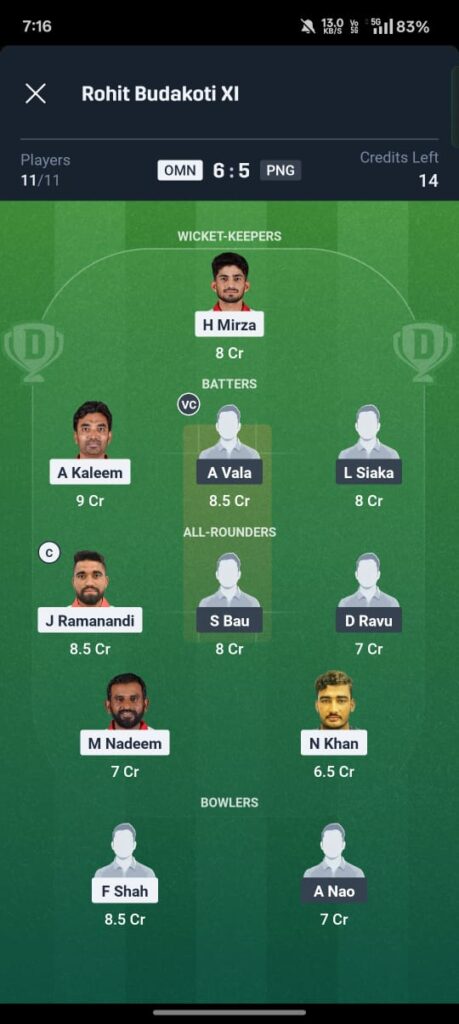 Optimized Dream11 prediction team for OMN vs PNG T20 World Cup Asia & EAP Qualifier featuring captain J Ramanandi and vice-captain A Vala. The playing XI includes H Mirza, A Kaleem, L Siaka, S Bau, D Ravu, M Nadeem, N Khan, F Shah, and A Nao.