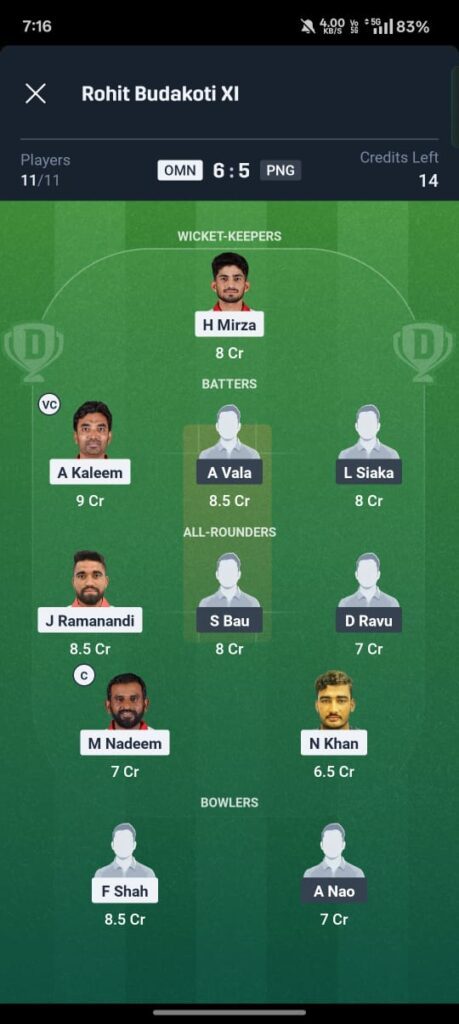 Fantasy cricket Dream11 team setup for Oman vs Papua New Guinea (OMN vs PNG) with A Kaleem as vice-captain and M Nadeem as captain. The lineup includes H Mirza, A Vala, L Siaka, J Ramanandi, S Bau, D Ravu, N Khan, F Shah, and A Nao in the 11-player team combination.