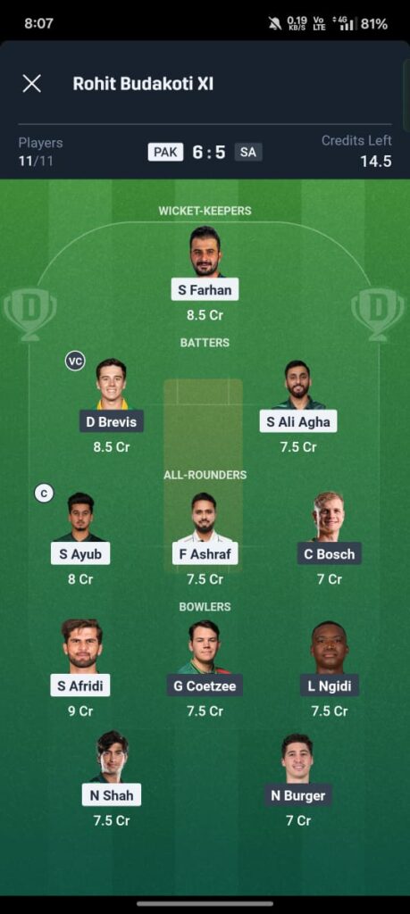 Pakistan vs South Africa Dream11 Prediction