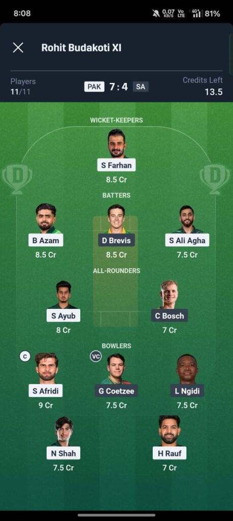 Pakistan vs South Africa 1st T20I Dream11 Prediction