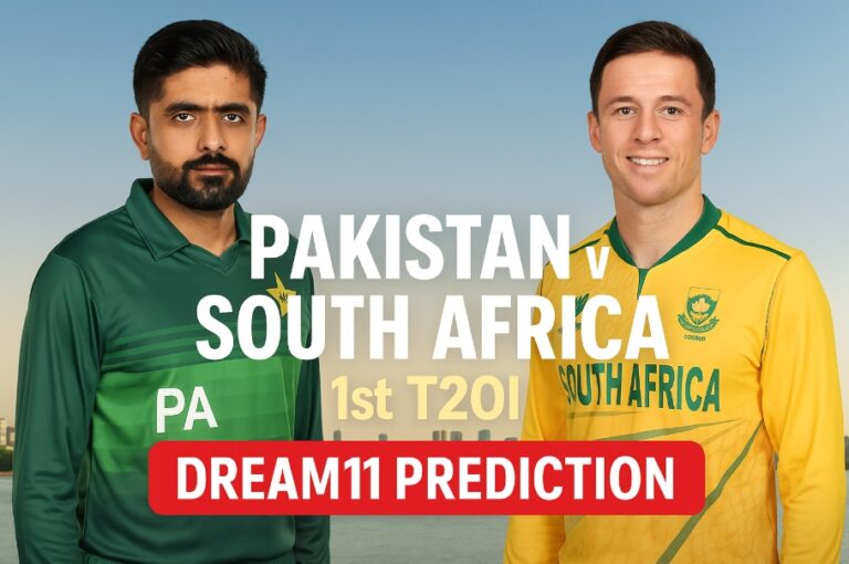"Featured image for Pakistan vs South Africa 1st T20I Dream11 Prediction showing two cricket players in national jerseys — one from Pakistan in green and one from South Africa in yellow — with bold text overlay reading 'Pakistan vs South Africa 1st T20I Dream11 Prediction' against a clear sky background."