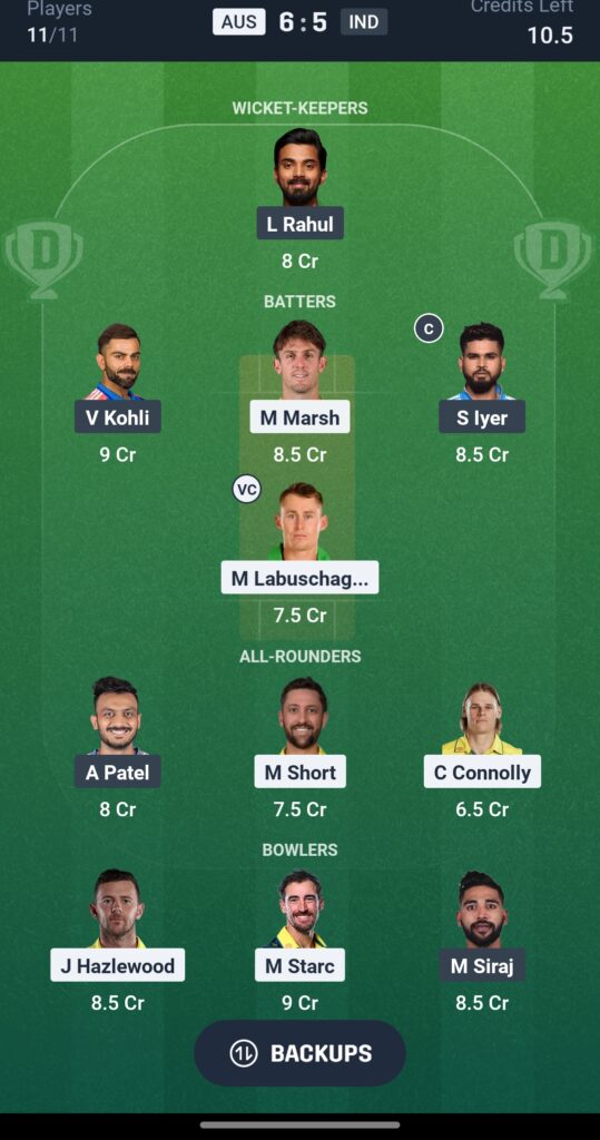 AUS vs IND Dream11 Team (Grand League / Mega Contest)