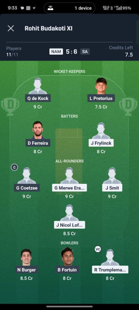 DREAM11 TEAM SA VS NAM