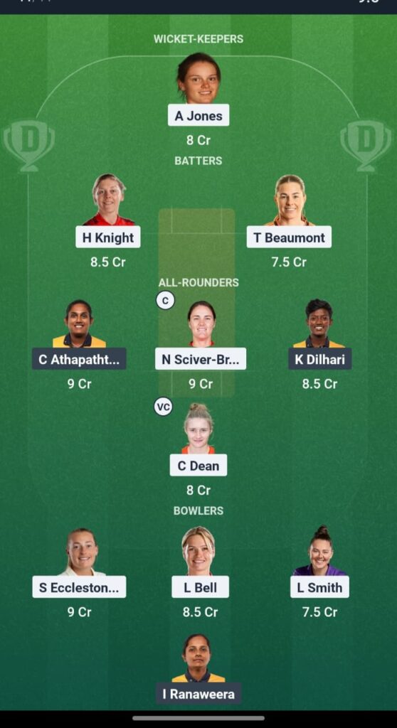 Grand League fantasy team for the ENG W vs SL W Dream11 prediction. This combination shows a different strategy with Charlotte Dean as Vice-Captain alongside Captain Nat Sciver-Brunt.