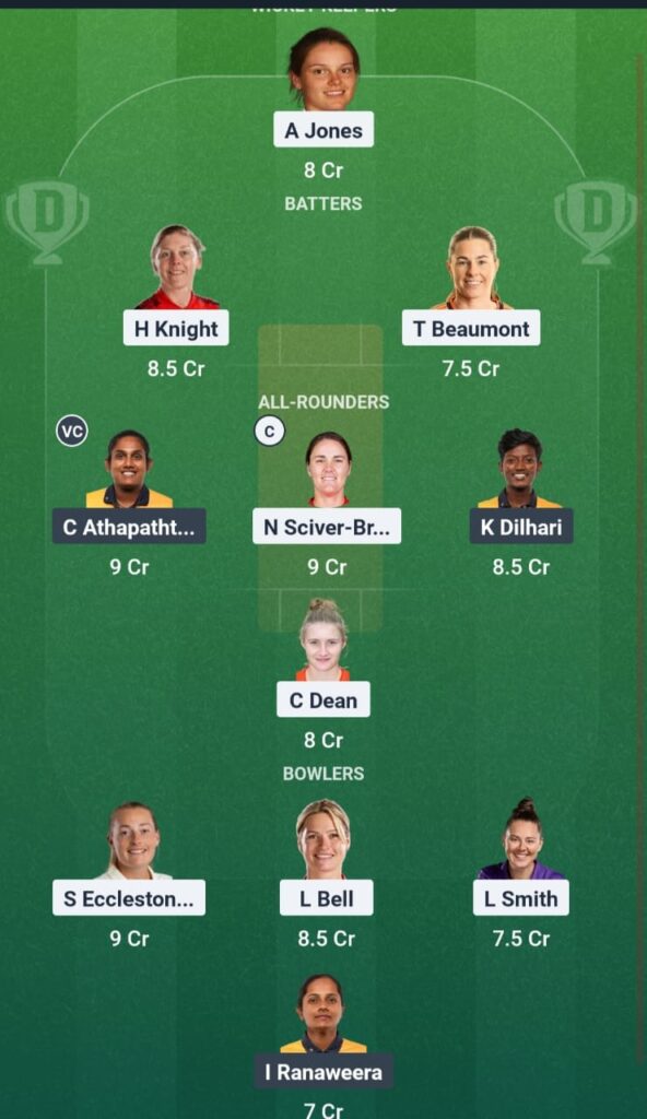 ENG W vs SL W Dream11 Prediction team suggestion with Nat Sciver-Brunt as Captain and Chamari Athapaththu as Vice-Captain.