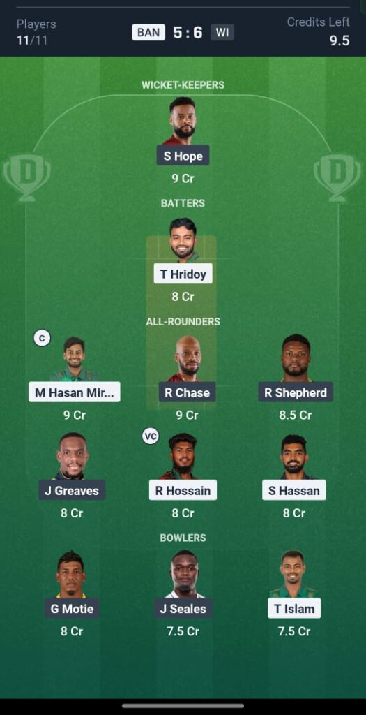 BAN vs WI Dream11 Prediction 2nd ODI