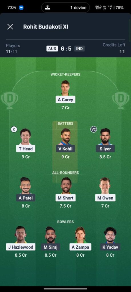 IND vs AUS Dream11 Prediction 3rd ODI