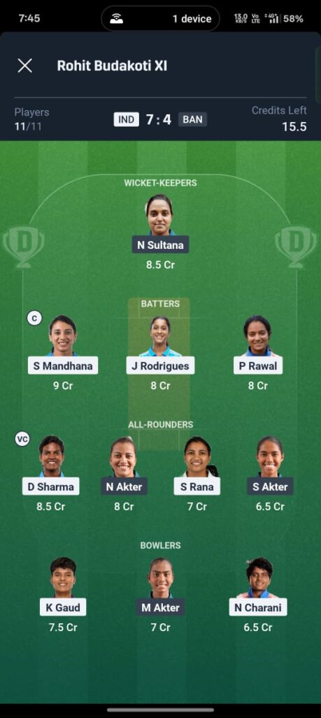 IND W बनाम BAN W ड्रीम11 भविष्यवाणी