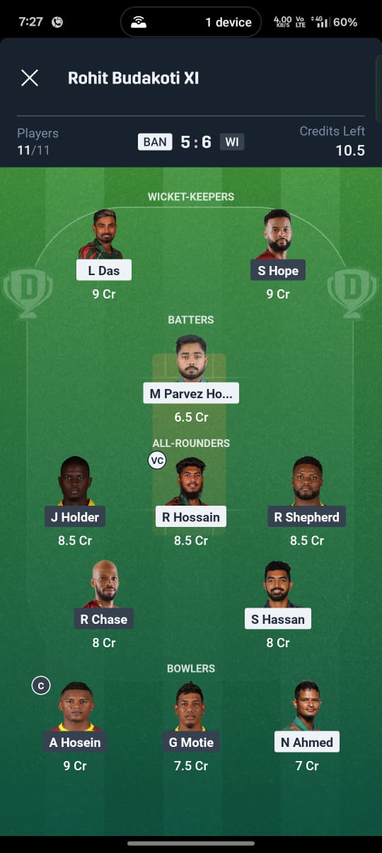 WI vs BAN Dream11 Prediction Today Match
