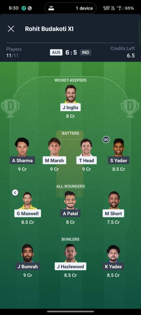 IND vs AUS Dream11 Prediction 1ST T20
