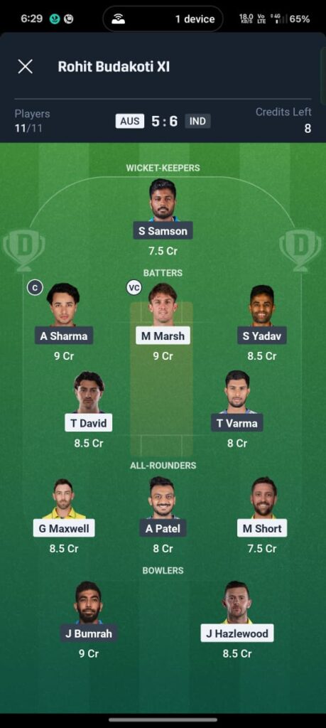 IND vs AUS Dream11 Prediction 1ST T20