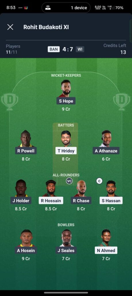 BAN vs WI 2nd T20 Dream11 Prediction