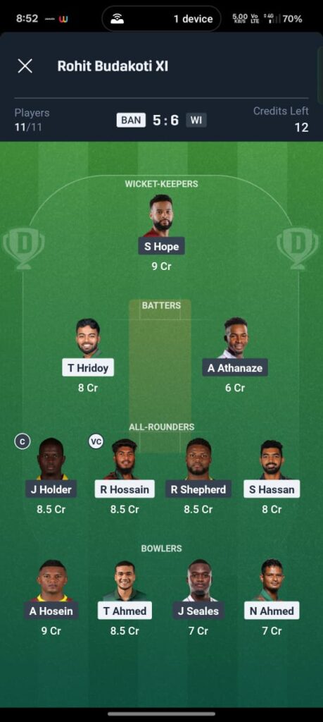 BAN vs WI 2nd T20 Dream11 Prediction