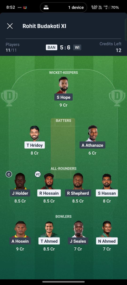 BAN vs WI 2nd T20 Dream11 Prediction