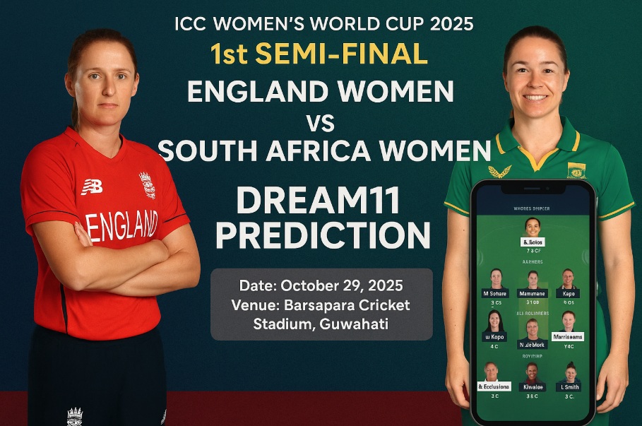 "Screenshot showing England Women vs South Africa Women, 1st Semi-Final ICC Women’s World Cup 2025 match details including time, squads, and start date at Barsapara Cricket Stadium, Guwahati."