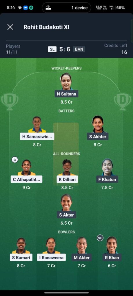 SL W vs BAN W Dream11 Prediction