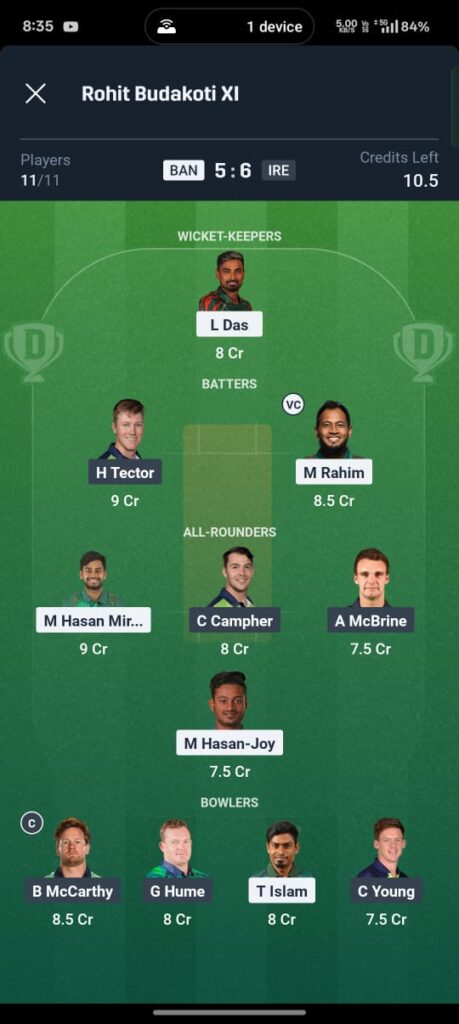 BAN vs IRE Dream11 Prediction Today Match