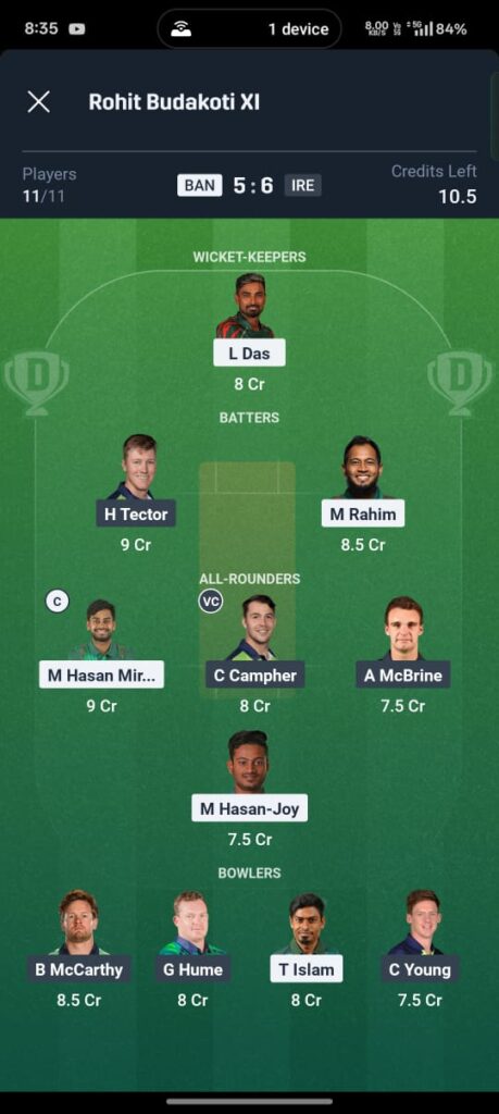 BAN vs IRE Dream11 Prediction Today Match