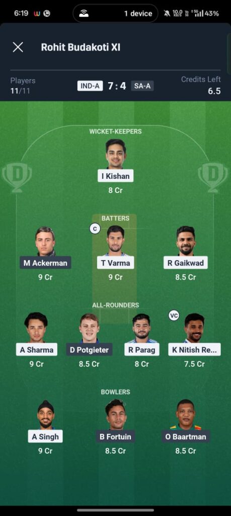 IND A vs SA A 2nd ODI Dream11 team
