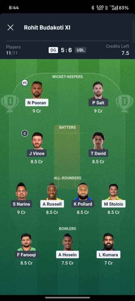 Dg vs Ubl dream11 prediction