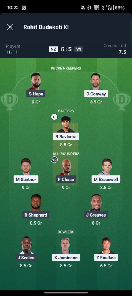 nz vs wi 2nd odi dream11 prediction