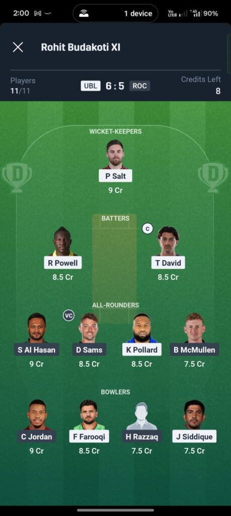 UBL vs ROC Dream11 Prediction today match