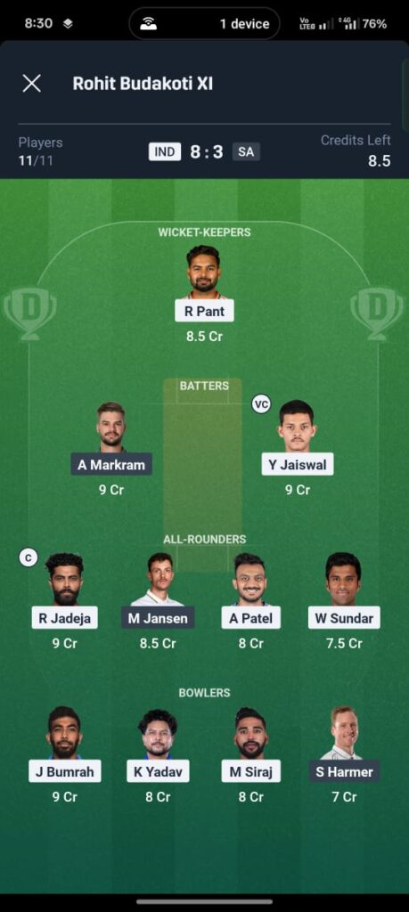 IND vs SA Dream11 Prediction 2nd Test TEAM
