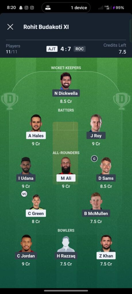 - "Best Dream11 team combination for AJT vs ROC today"
