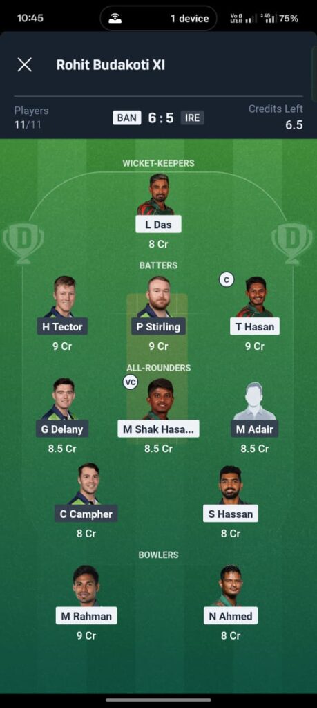 BAN vs IRE Dream11 Prediction