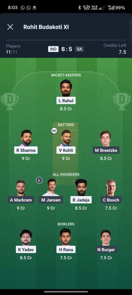  IND vs SA 2nd ODI Dream11 Prediction