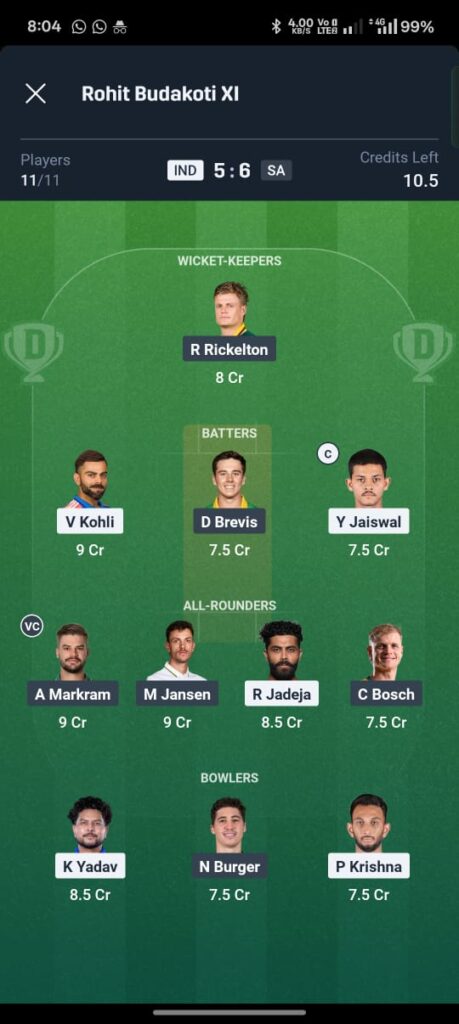 IND vs SA 2nd ODI Dream11 Prediction