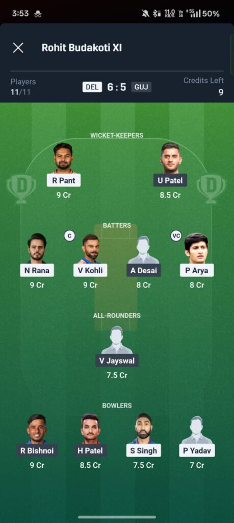 DEL vs GUJ Dream11 Prediction