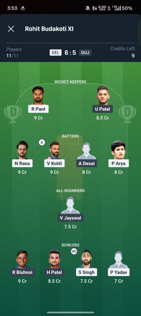 DEL vs GUJ Dream11 Prediction