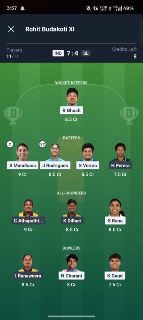 IND-W vs SL-W Dream11 Prediction 3rd t20