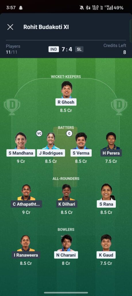 IND-W vs SL-W Dream11 Prediction 3rd t20