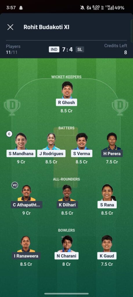 IND-W vs SL-W Dream11 Prediction 3rd t20