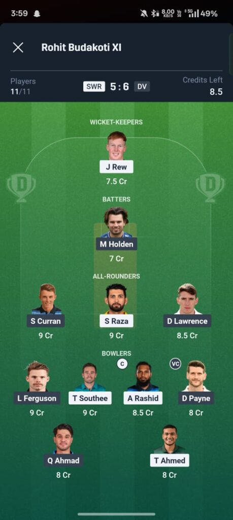 SWR vs DV Dream11 Prediction