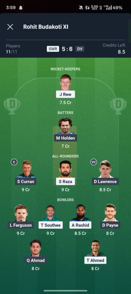 SWR vs DV Dream11 Prediction