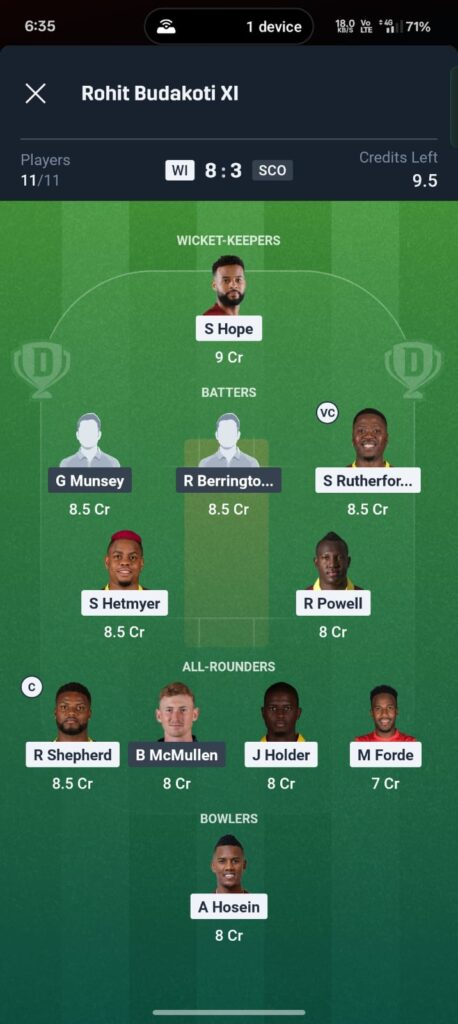 Professional match preview graphic for West Indies vs Scotland, T20 World Cup 2026. Features George Munsey and Rovman Powell in action poses over an Eden Gardens backdrop with Dream11 fantasy cricket branding.