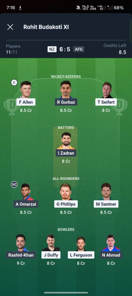 "New Zealand vs Afghanistan Dream11 prediction featuring Glenn Phillips, Rashid Khan, playing XI and fantasy cricket tips for T20 World Cup 2026 Match 4 in Chennai"