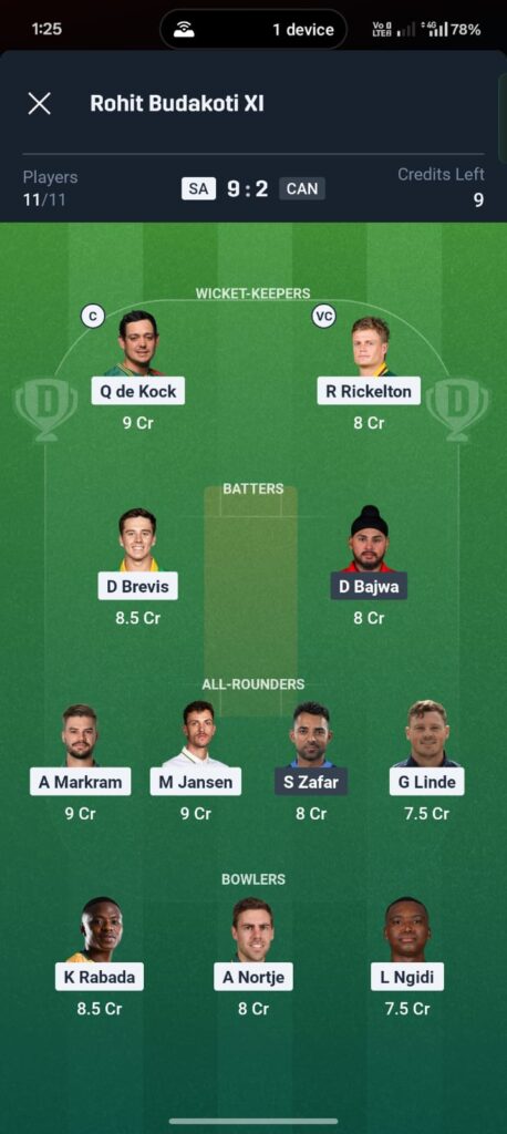 "SA vs CAN Dream11 Prediction - South Africa vs Canada ICC Men's T20 World Cup 2026 Match 9 Group D at Narendra Modi Stadium Ahmedabad - Fantasy Cricket Expert Analysis and Team Selection"