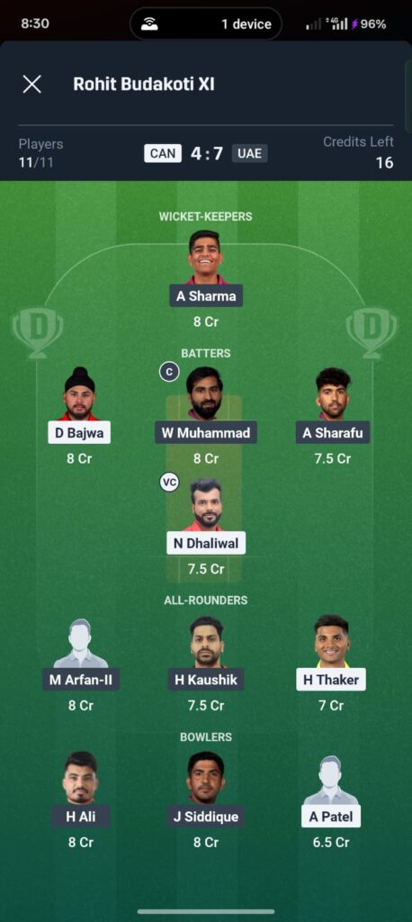 CAN vs UAE Dream11 Prediction