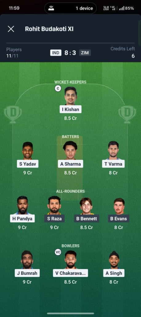 IND vs ZIM Dream11 Prediction