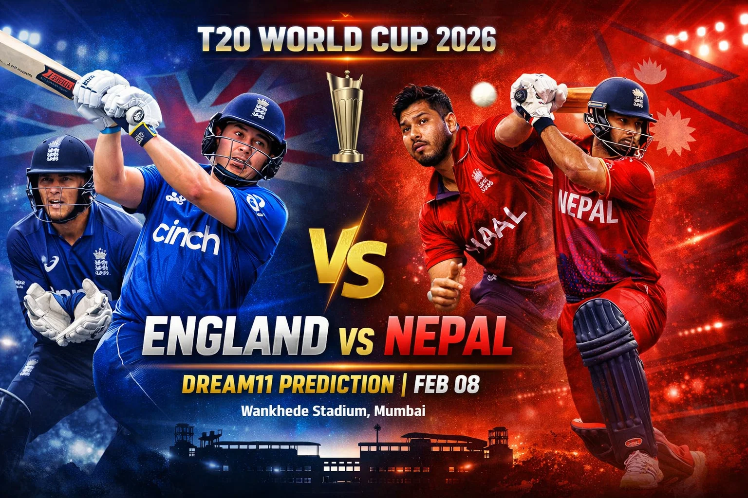 "England vs Nepal Dream11 Prediction T20 World Cup 2026 - Harry Brook vs Sandeep Lamichhane fantasy cricket tips at Wankhede Stadium Mumbai"