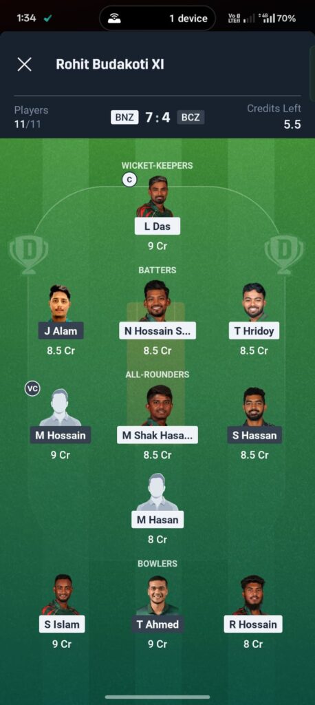 BNZ vs BCZ Dream11 Prediction