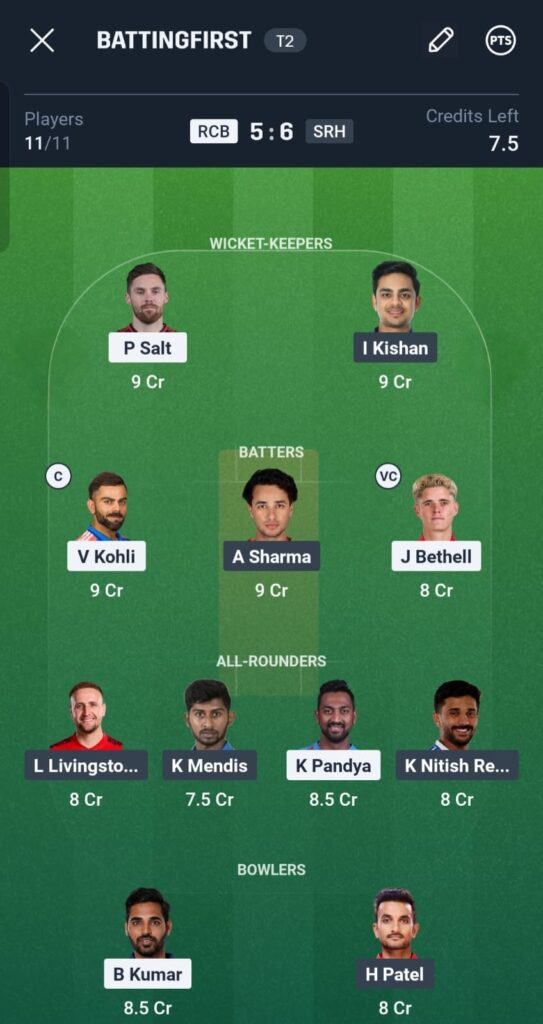 RCB vs SRH Dream11 Prediction